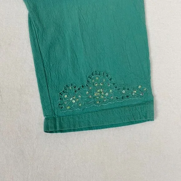 Vintage Jane Ashley Cotton Embroidered Rhinestone Floral Stretch Cropped Pants - Picture 4 of 8